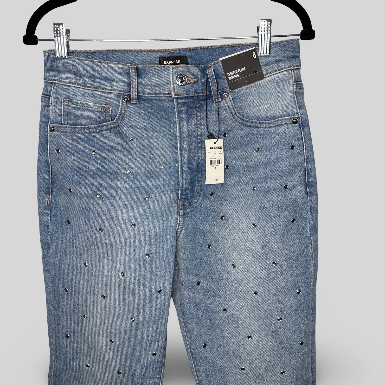 Express Cropped Flare High Rise Jeans With Rhinestones - Second Seams