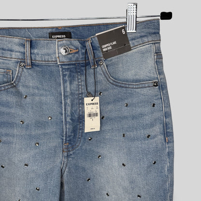 Express Cropped Flare High Rise Jeans With Rhinestones - Second Seams