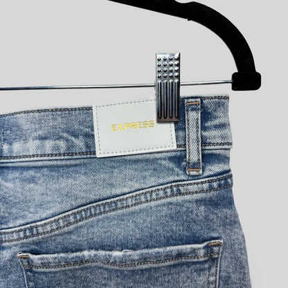 Blue jeans shorts with a visible 'Express' label on a hanger against a light gray background